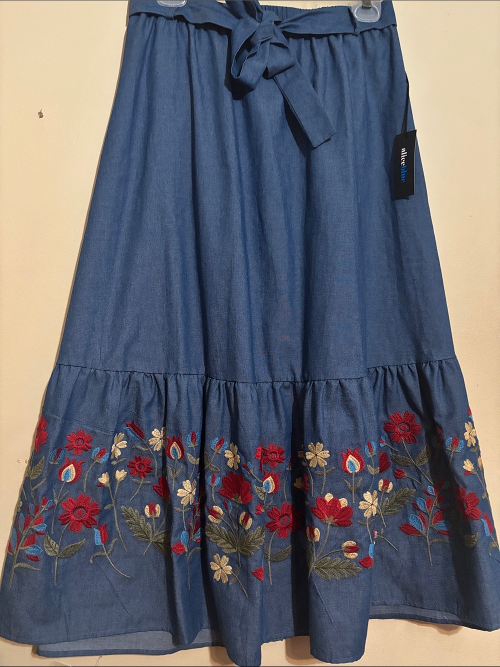 Alice Blue Midi Skirt with Red & Cream Floral Embroidery